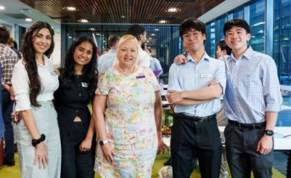 Professor Riitta Partanen (centre) with first-year regional medical students. First-year medical students with Professor Riitta Partanen.